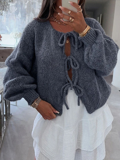 Fashion Knitted Bow Lace-Up Cardigan for Women – Y2K Open Front Sweater, Sweet Lantern Sleeve Oversized Knit Cardigan