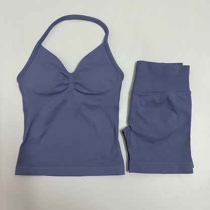 2-Piece Women’s Yoga Set – Seamless Longline Strappy Tank Top & Scrunch Sports Shorts, Summer Workout Gym Outfit