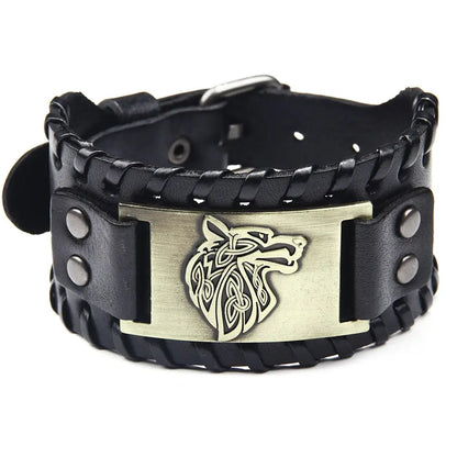 Vintage Viking Leather Braided Bracelet for Men - Celtic Wolf Head Bangle, Classic Animal Motif Jewelry & Hand Accessories