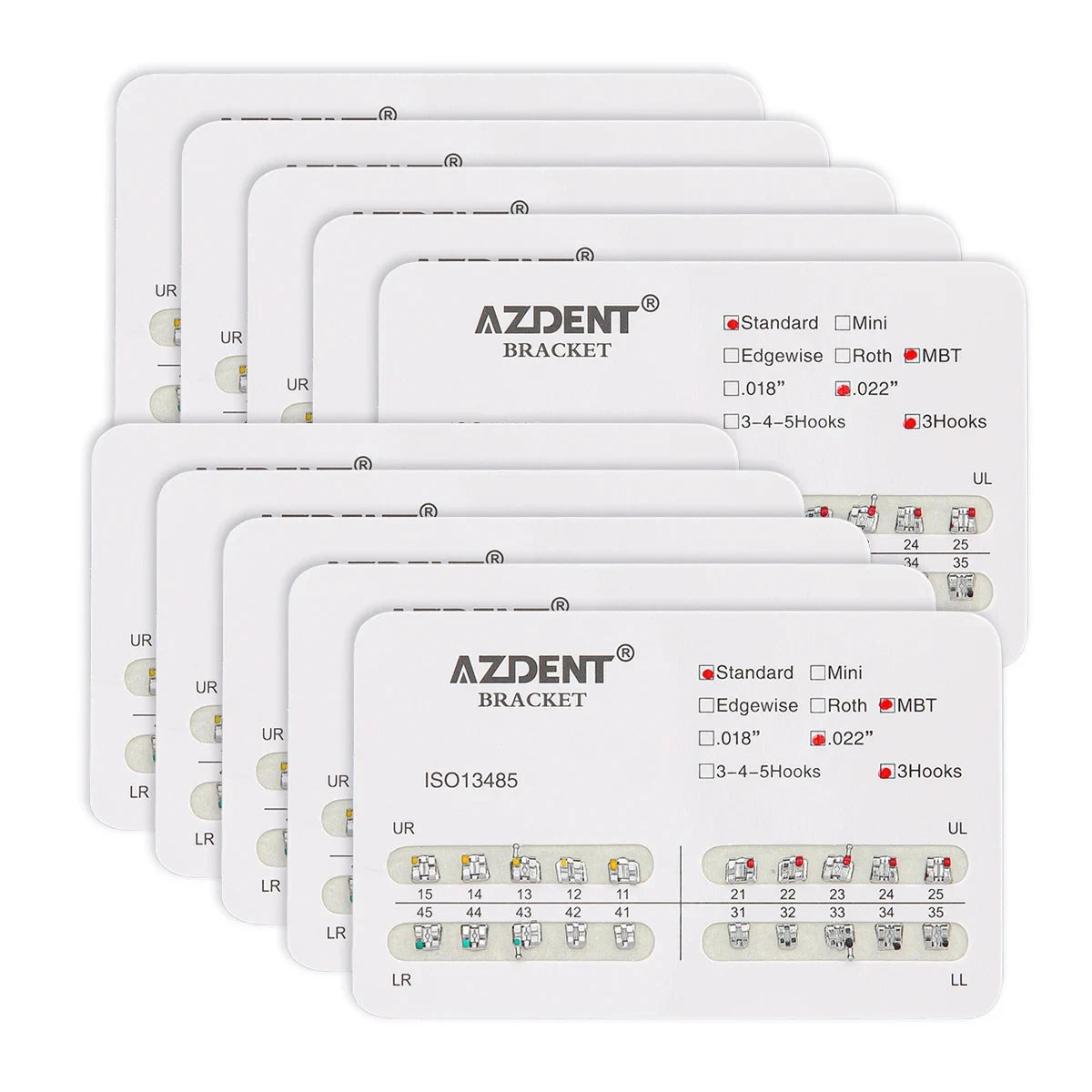 AZDENT 10 Packs Dental Brackets – Orthodontic Metal Mini Standard Roth MBT Slot 0.022/0.018 with Hooks, 20 Pcs per Pack