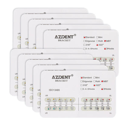 AZDENT 10 Packs Dental Brackets – Orthodontic Metal Mini Standard Roth MBT Slot 0.022/0.018 with Hooks, 20 Pcs per Pack