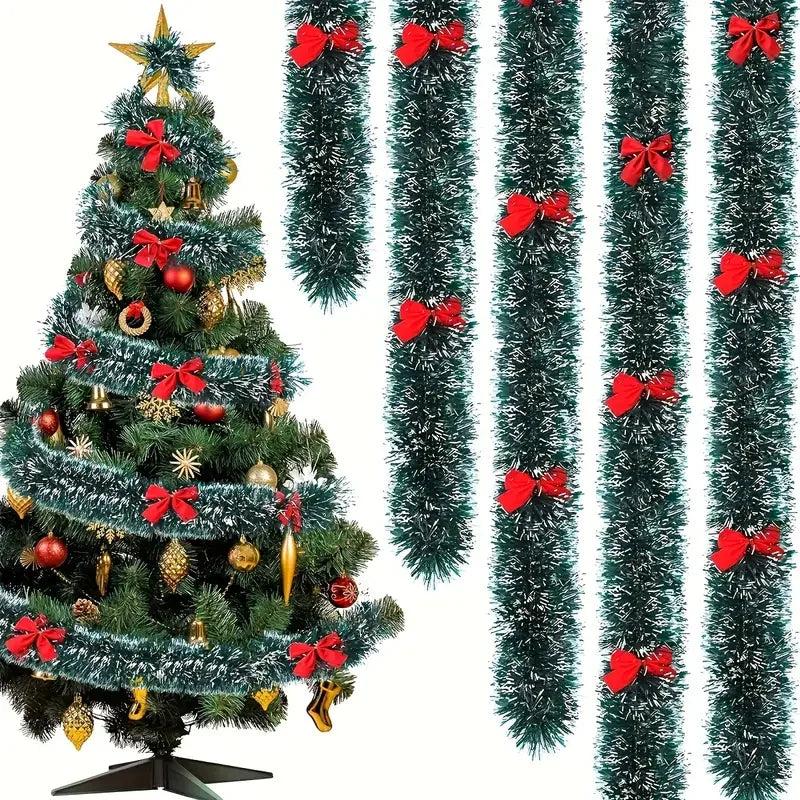 Christmas Bow Tinsel Ribbon Garland – Green Ribbon for Tree, Wreath & Holiday Decor