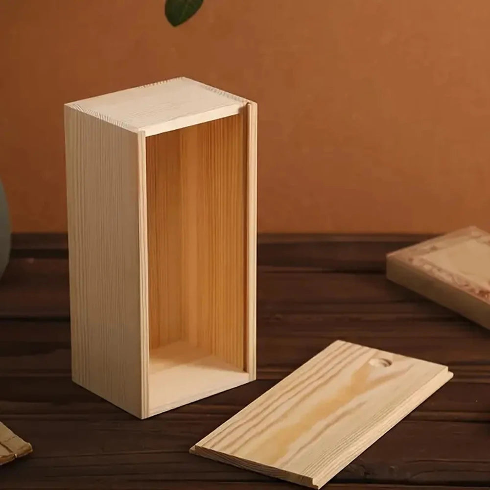 Pine Wooden Pull-Out Storage Box – Sliding Cover Jewelry Organizer, Log Drawer DIY Wooden Case