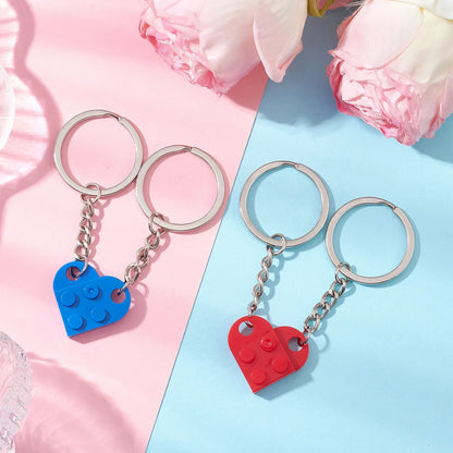 2-Piece Love Heart Brick Keychain Set - Matching Couple and Friendship Building Block Key Rings, Valentine’s Day Gifts