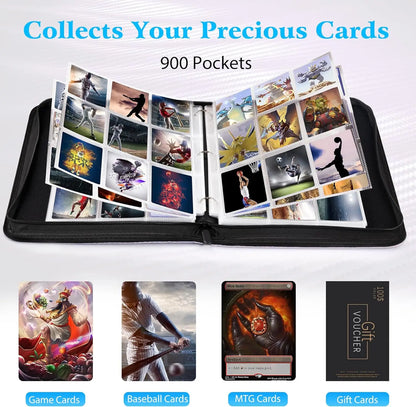 900 Pocket Card Binder Sleeves with Zipper, Double-Sided Card Holder Case for TCG CCG Storage (Black)