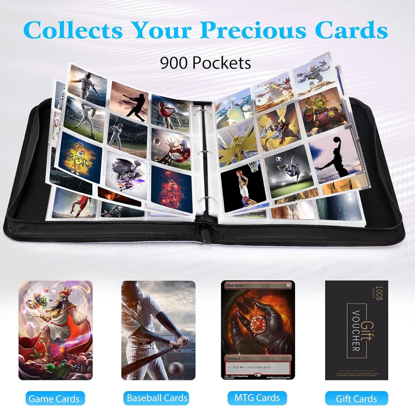 900 Pocket Card Binder with Zipper - Double-Sided Card Holder Case for TCG/CCG Card Storage (Black)