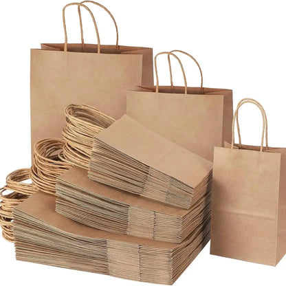 25/50pcs Brown Kraft Paper Gift Bags with Handles – Wedding, Birthday, Party Favor & Small Business Grocery Bags