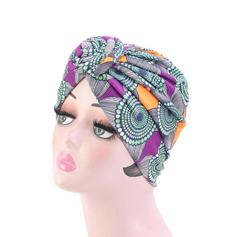 African Floral Pleated Turban - Elegant Knot Flower Beanie Head Wrap for Women, Bandana & Head Cover