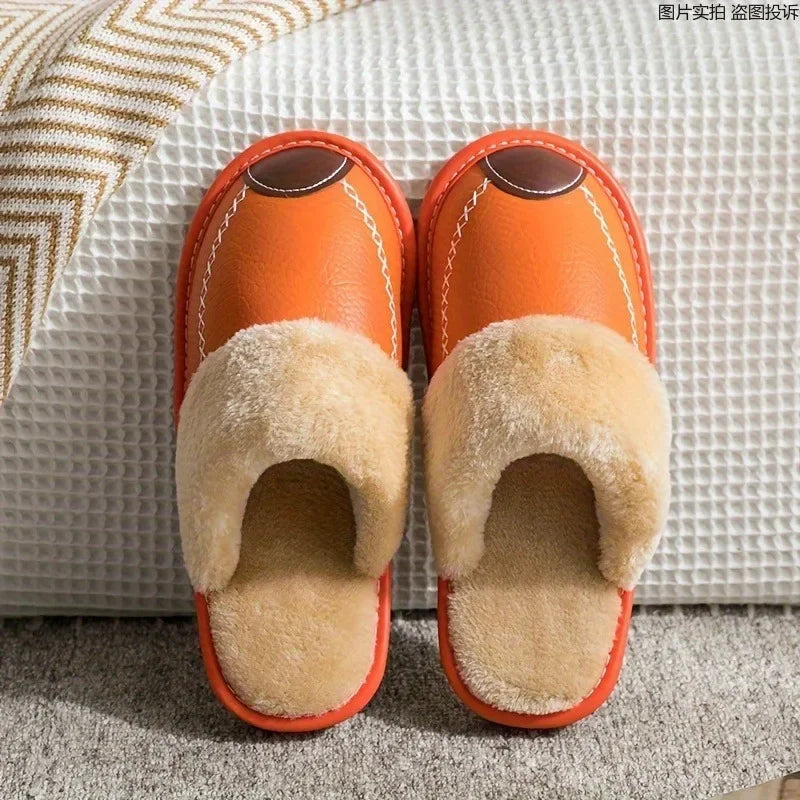 Men & Women Winter PU Leather Slippers — Black Waterproof Indoor Home Shoes, Warm Cozy House Slippers