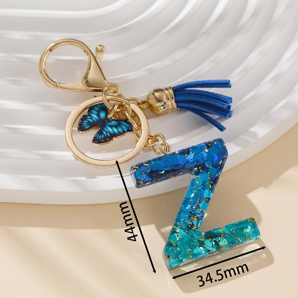 Royal Blue Butterfly Initial Keychain - Alloy Alphabet Letter & Tassel Backpack Charm