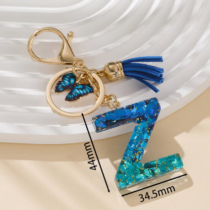 Royal Blue Butterfly Initial Keychain - Alloy Alphabet Letter & Tassel Backpack Charm