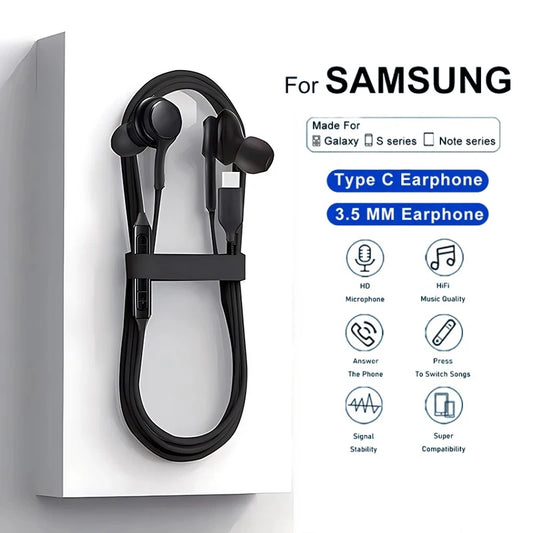Type-C Wired Earphones for Samsung Galaxy S23/S22/S21 Ultra – In-Ear Headphones with 3.5mm Sound Quality for A54/A34/A53 Series
