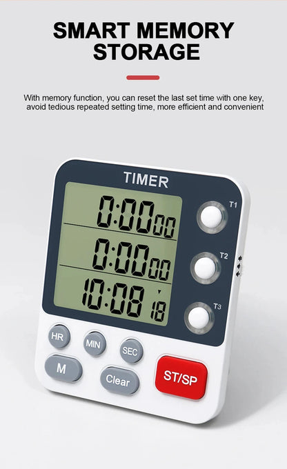 3 Channel Digital Kitchen Timer – Count Up/Down with LCD Display, Adjustable Volume & Mute Flashing Alarm