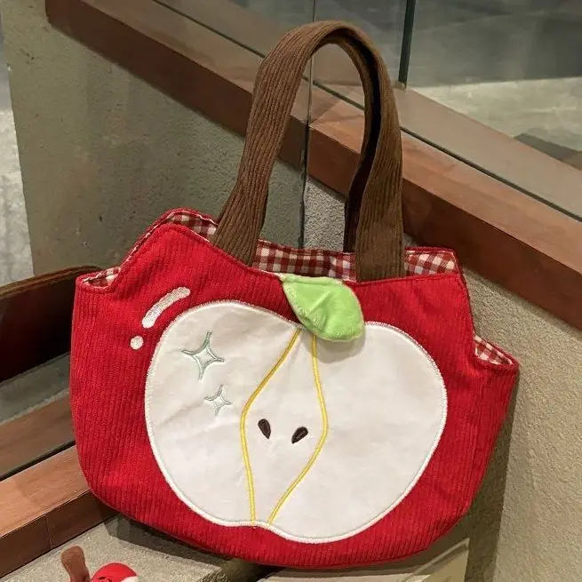 Red Apple Corduroy Shoulder Bag - Cute Canvas Handbag with Apple Pendant for Casual Outings