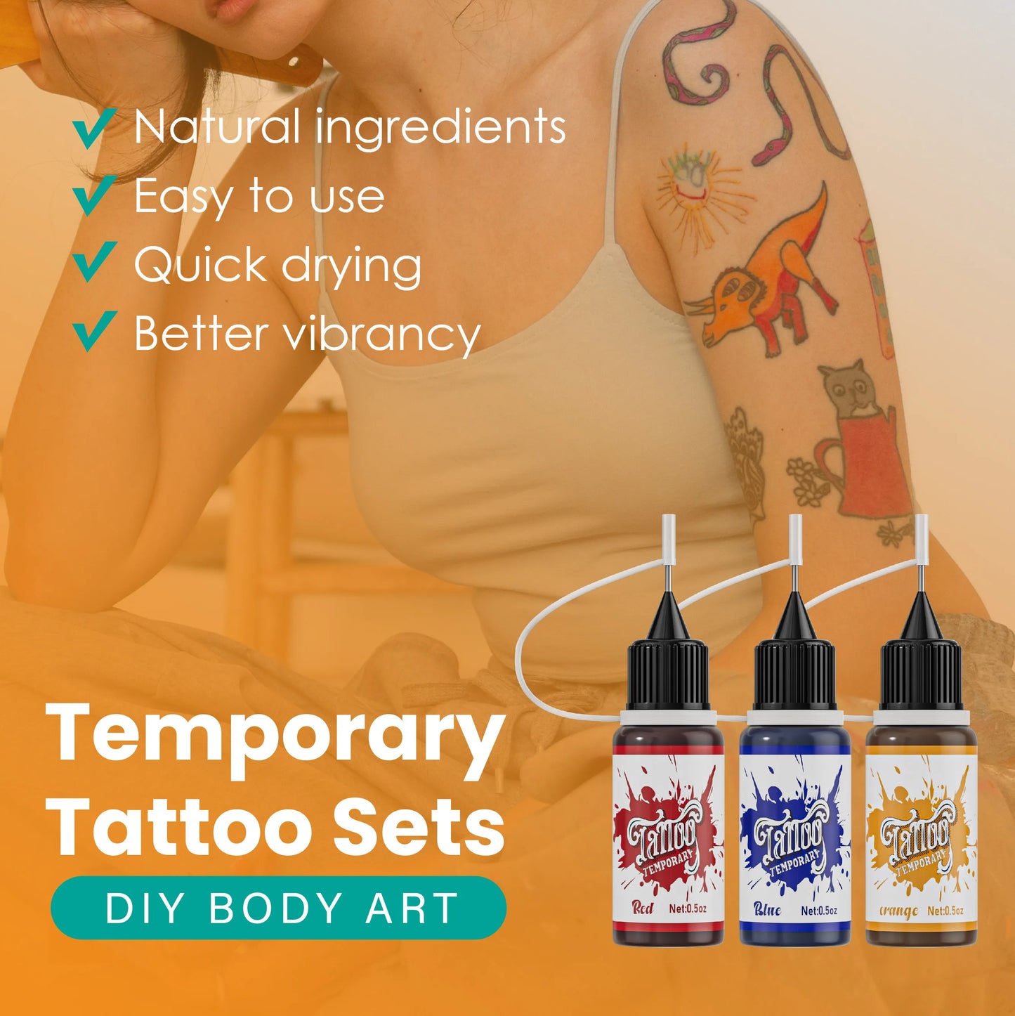 Temporary Tattoo Kit — 7 Mixed Color Pastes with 6 Stencil Designs, Easy-to-Use Henna Semi-Permanent Tattoo Set