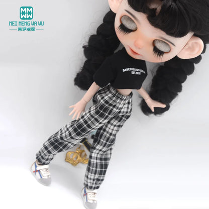 Blythe Doll Clothes – Fashion Tops, Black & White Shirts with Jeans & Plaid Pants for Azone OB22/OB24 Dolls