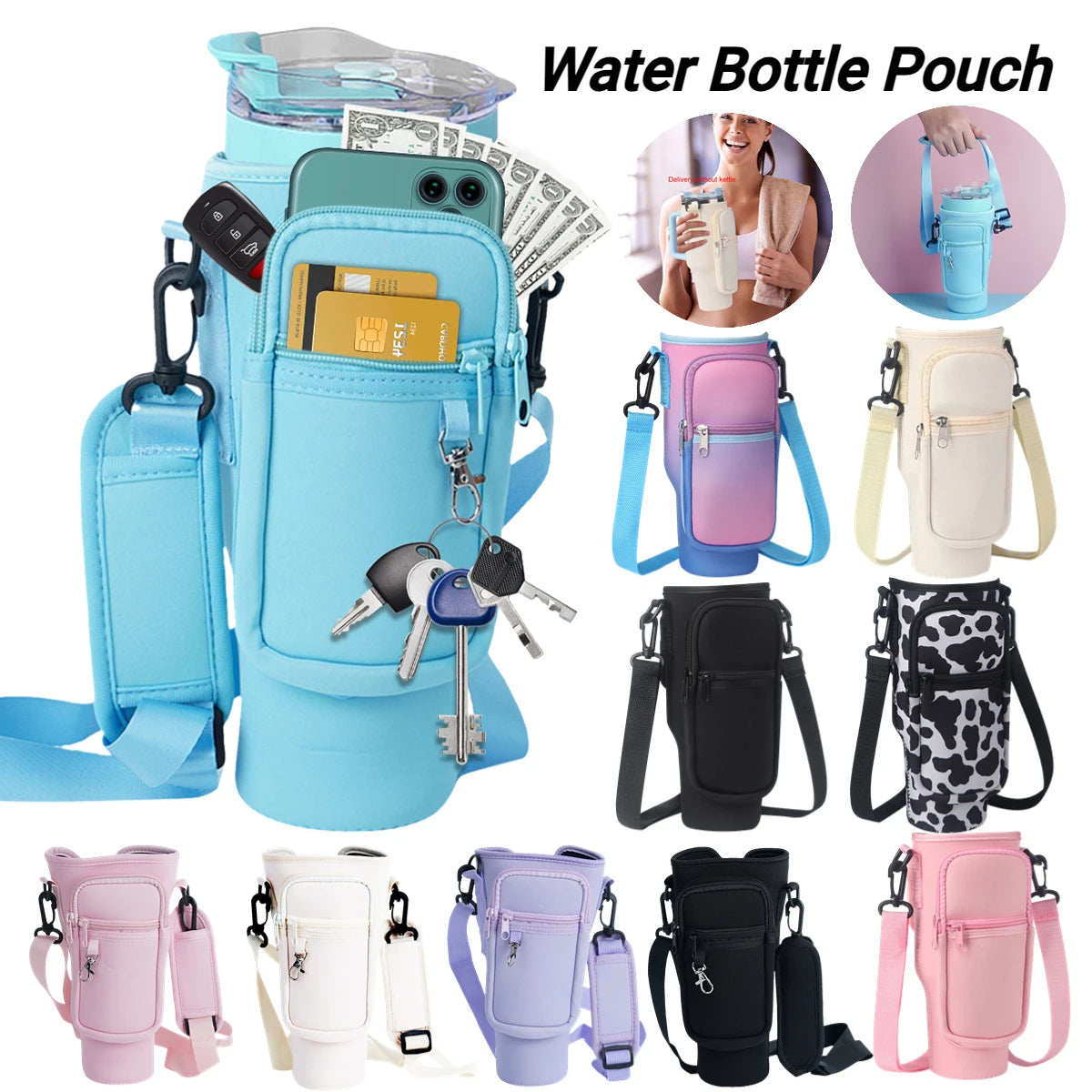 Portable Water Bottle Carrier Bag – Neoprene Holder with Phone Pocket for Stanley 40oz Tumbler with Handle