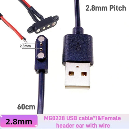 Magnetic Pogo Pin Connector - 2–5 Pin Spring-Loaded Male/Female Power Socket, 2.54/2.8mm Spacing, USB Cable Compatible