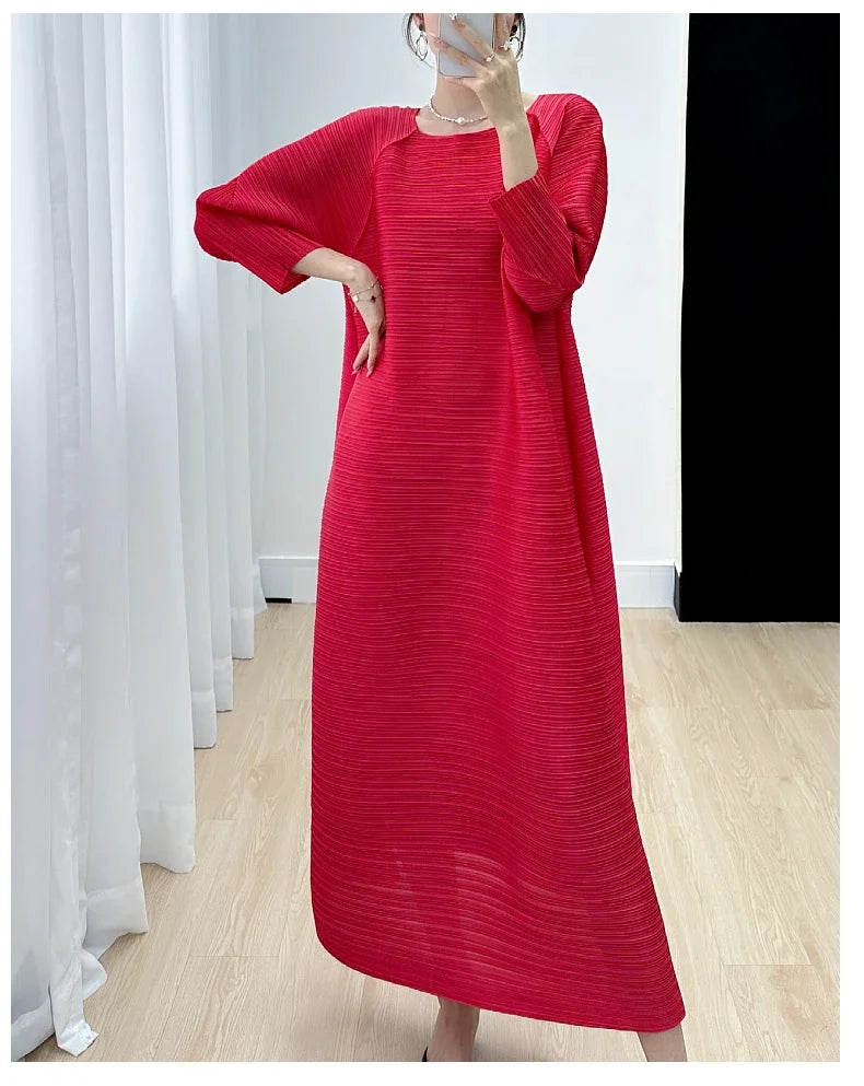 2023 Women's Miyake Pleated Long Dress – Full Sleeve, Round Neck, Korean Fashion, Plus Size Summer Style