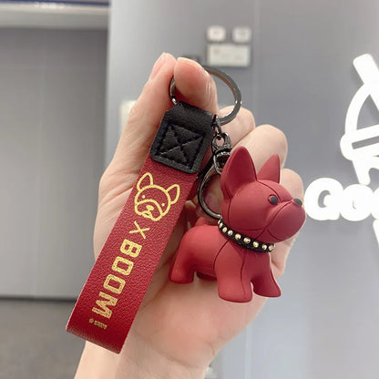 French Bulldog Keychain - Punk Style PU Leather Bag Pendant for Women & Men, Car Key Ring