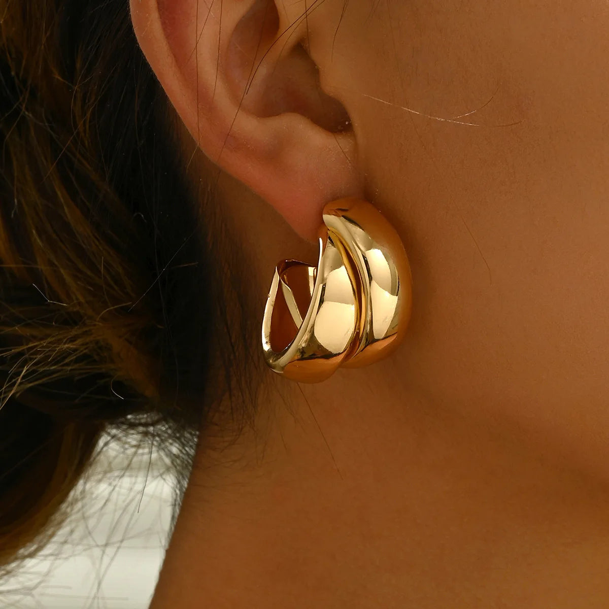 Gold Chunky Hoop Earrings for Women – Stainless Steel Double Ring Statement Jewelry