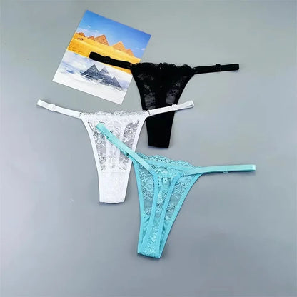 Women's Sexy Lace Thong Set - 3-Piece Sheer G-String Low Waist Plus Size Lingerie