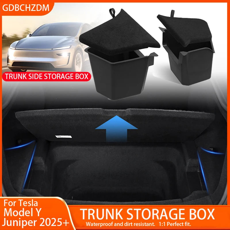 Tesla Model Y Berlin/Austin 2022-2025 Trunk Side Storage Bins – TPE Cargo Organizer with Carpet Lids