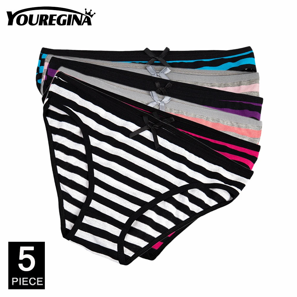 Women’s Cotton Lace Panties Set - 5Pcs Sexy Bikini Briefs with Striped Print Underwear for Ladies & Girls
