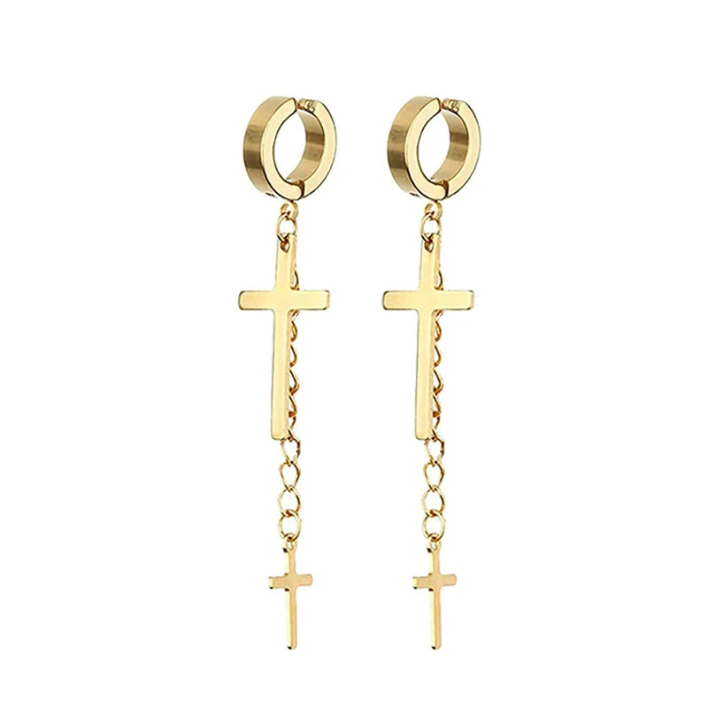 Gold Cross Huggie Hoop Earrings - Minimalist Dangle Charm Jewelry for Men & Women
