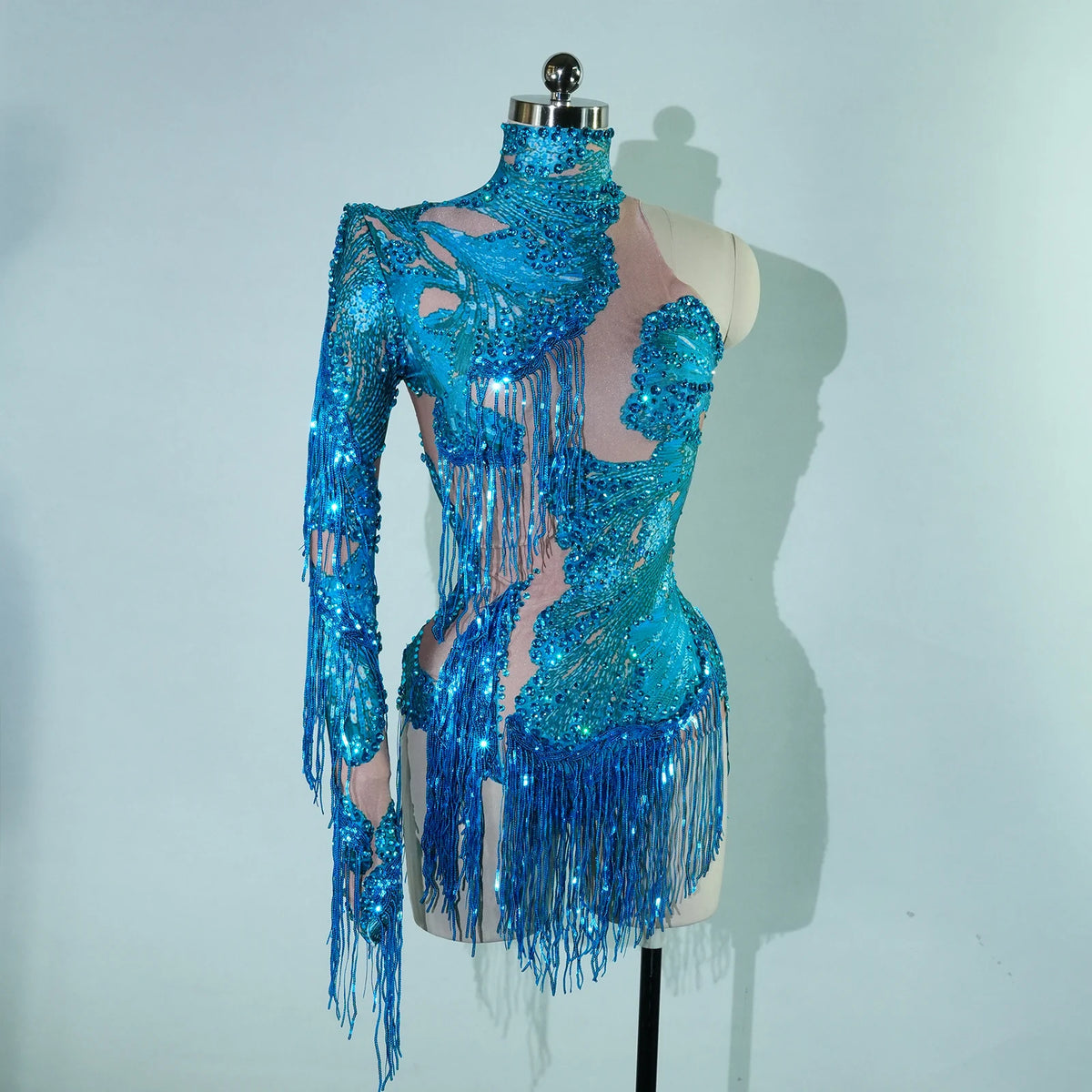 Sparkly Rhinestone Sequin One-Shoulder Bodysuit - Fringe Stage Party & Dance Performance Outfit