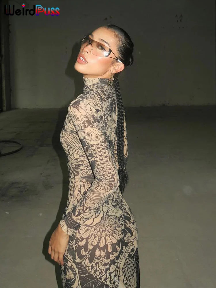 Mesh Print Women's Maxi Dress: Weird Puss Pattern, Turtleneck, Full Sleeve - Autumn Trendy Hipsters High Street Party Y2K Attirewear
