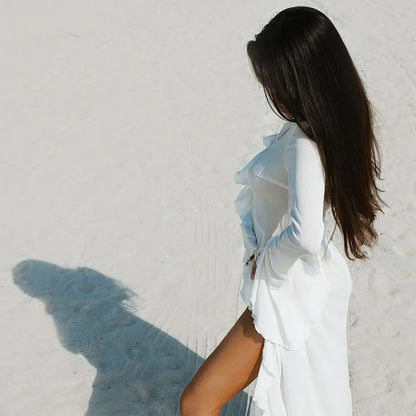 Women’s V-Neck Ruffled Beach Cover Up Dress – Long Sleeve Bikini Sunscreen Smock Vacation Swimsuit Casual Summer Outfit