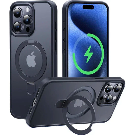 MagSafe Magnetic Metal Ring Case - Matte Protective iPhone 12-17 Pro Max Cover with Lens Protector and Stand Grip Design