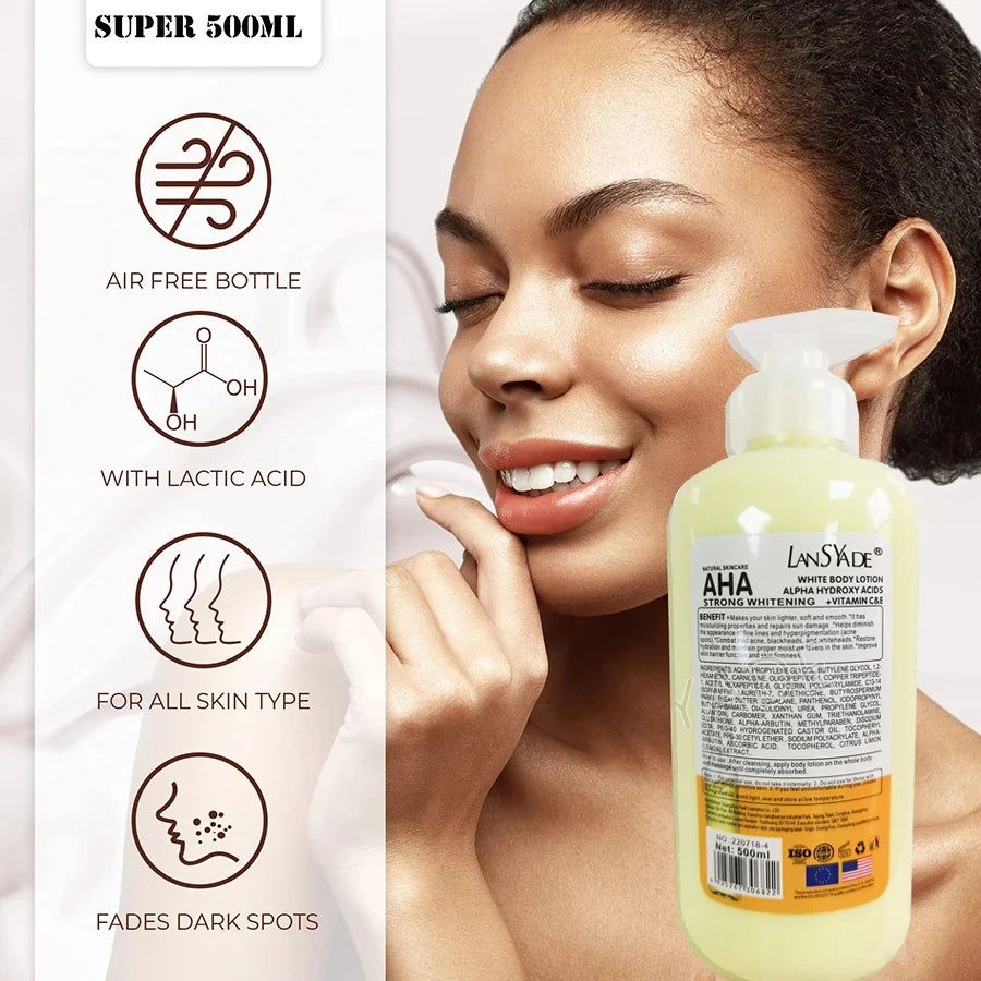 500ml Whitening Body Lotion with Alpha Hydroxy Acids, Vitamin C & E – Fast Moisturizing & Lightening Cream for Skin Brightening