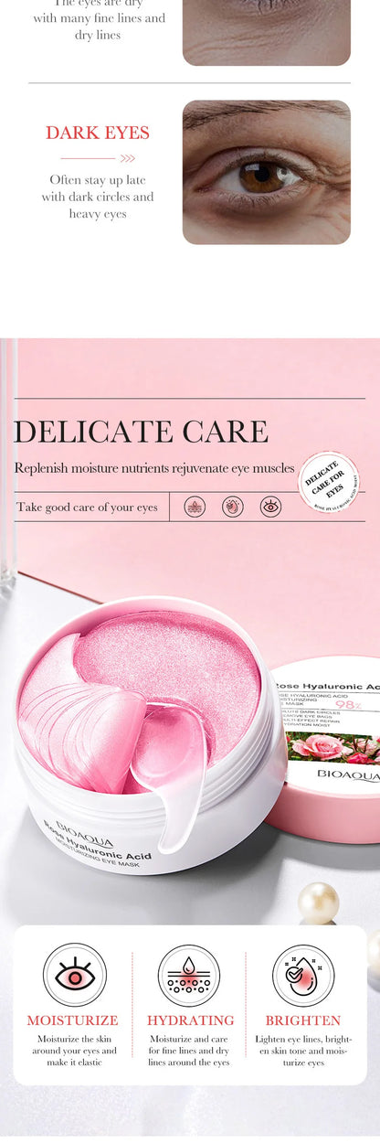 60PCS BIOAQUA Rose Hyaluronic Acid Eye Masks – Anti-Dark Circles, Eye Bags, Moisturizing & Firming Skincare Patches