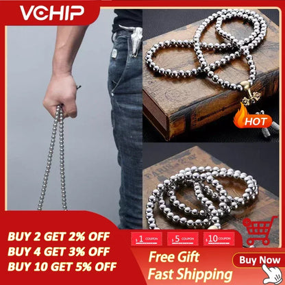 Tactical 8MM Steel Chain Buddha Beads Self Defense Hand Bracelet Necklace - EDC Outdoor Tools for Self Protection and Survival