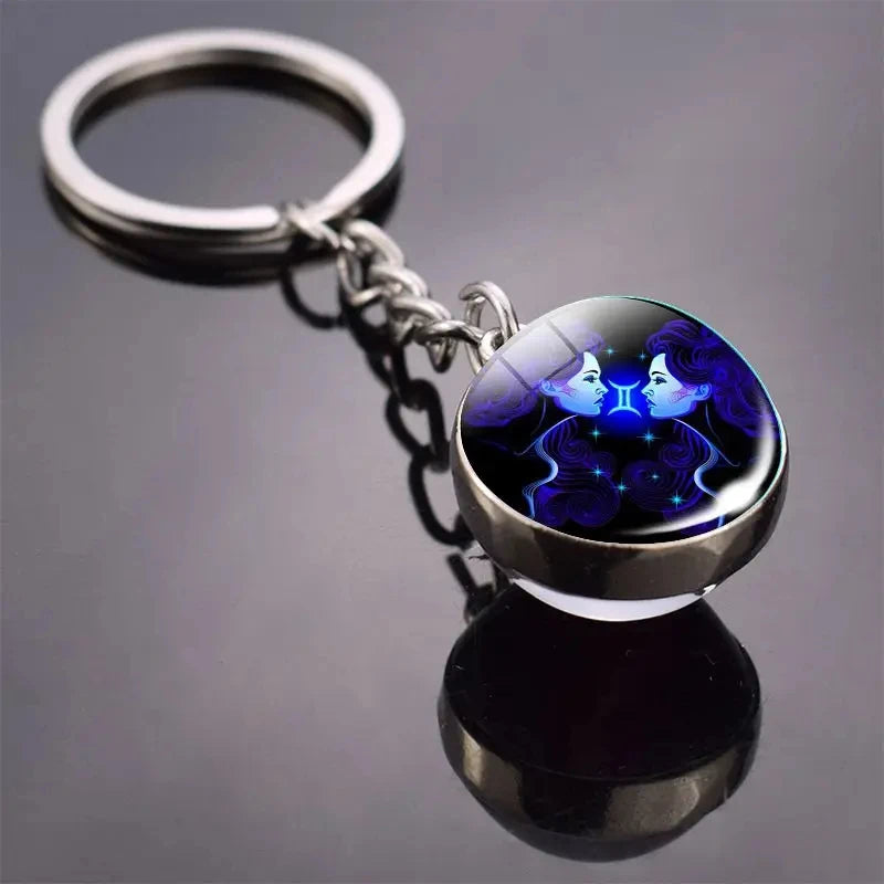 S12 Constellation Keychain – Luminous Double-Sided Zodiac Glass Ball Pendant for Men & Women