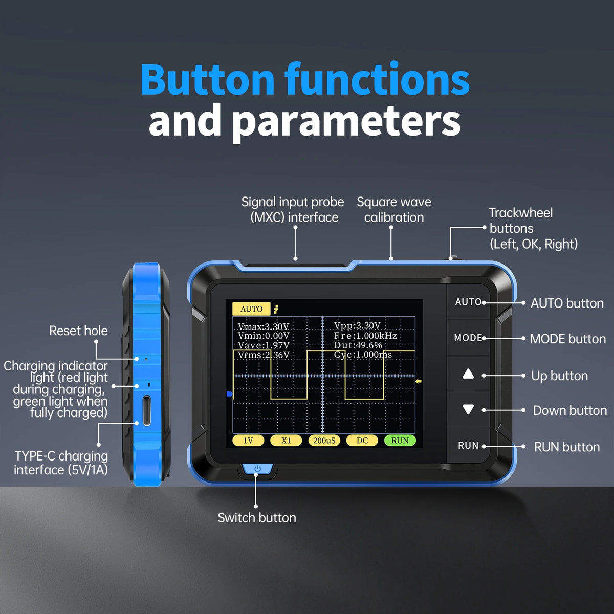 FNIRSI DSO152 Mini Oscilloscope - Handheld Digital Scope with 2.8" Display, Auto Adjust, PWM & Square Wave Output, 800Vpp