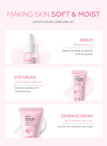 3pcs LAIKOU Vitamin C 24K Golden Sakura Skincare Set – Moisturizing Face Cream, Serum & Eye Cream