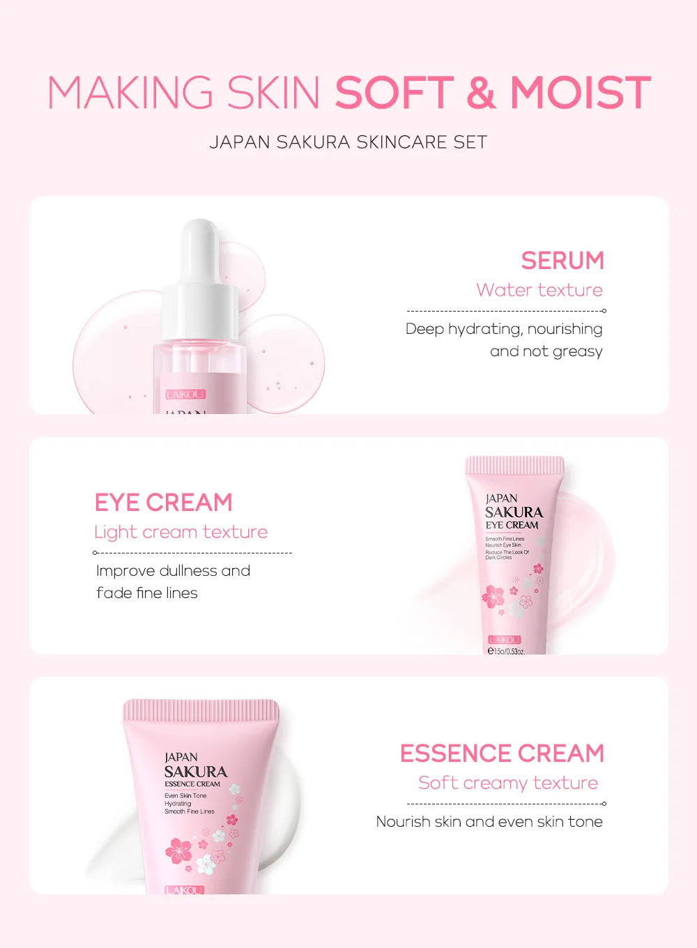 LAIKOU 3pcs Vitamin C & 24K Gold Sakura Skincare Set — Moisturizing Face Cream, Serum & Eye Cream, Anti-Wrinkle Face Care Kit