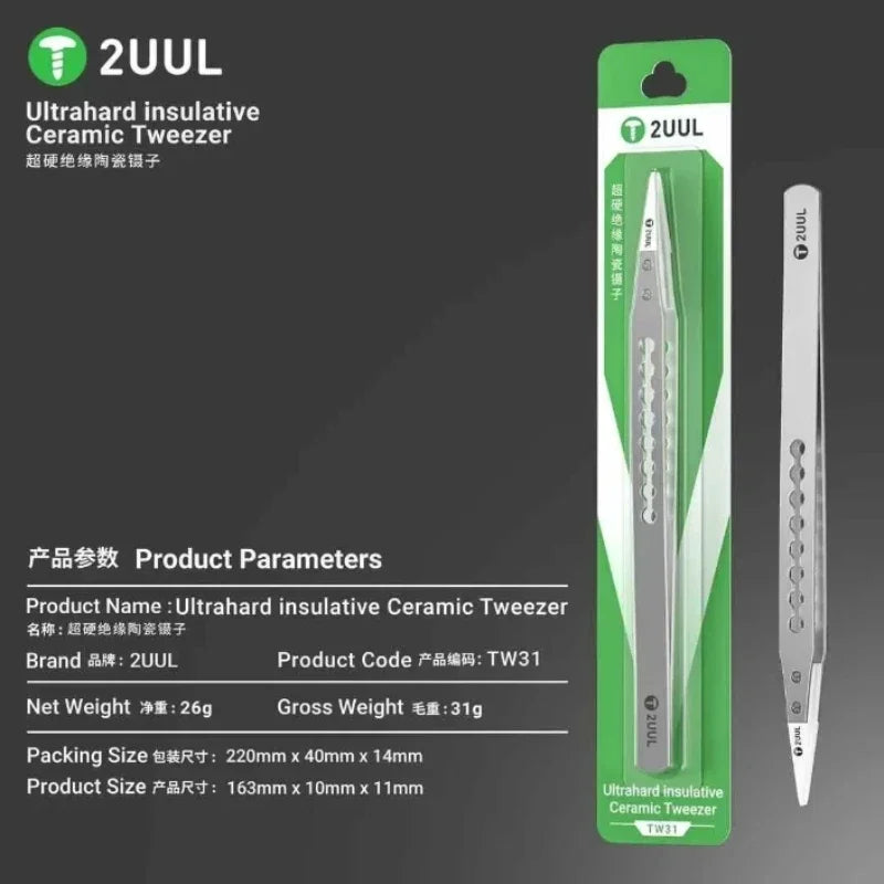 2UUL TW31 Ultrahard Insulative Ceramic Tweezers – Anti-Static Precision Tool for Mobile Phone, CPU, IC, and PCB Repair