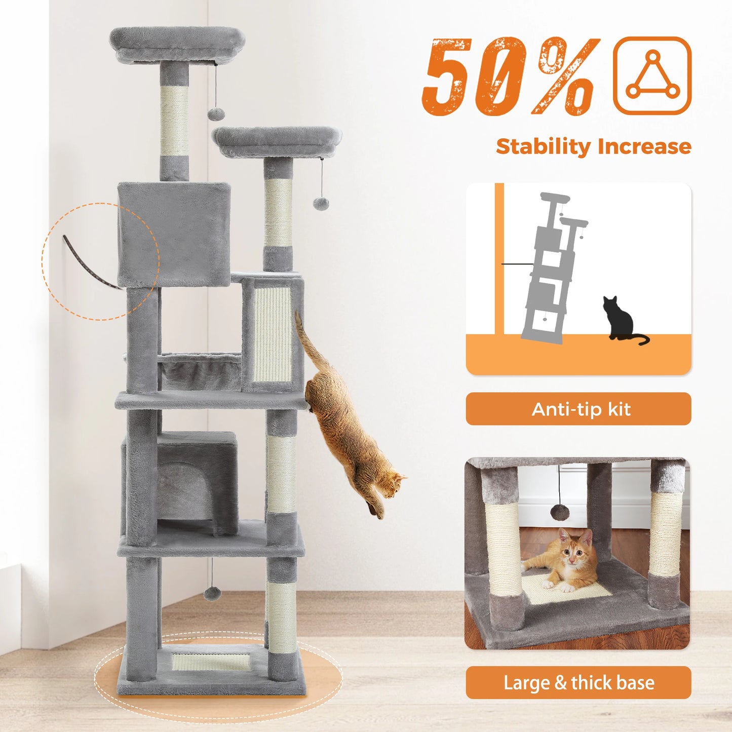 Large Cat Tree Tower – Multi-Level Plush Indoor Cat Condo with Scratching Posts, Boards, Perches & Caves