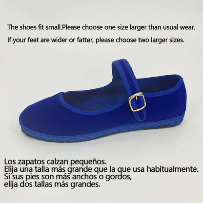 Women's Velvet Mary Jane Shoes – Hand-Stitched Ballet Flats, Casual Streetwear Loafers in Solid Colors