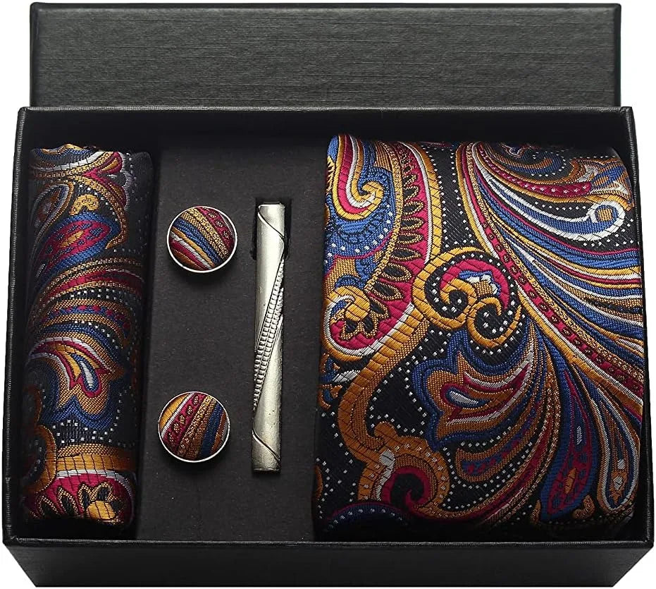 100% Silk Men’s Necktie Set with Paisley Floral Design, Business Tie with Pocket Square, Tie Clip & Cufflinks Gift Box Set for Men
