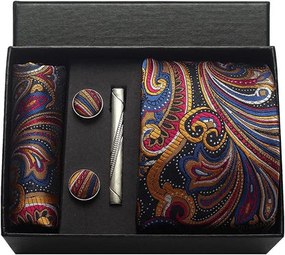 100% Silk Men’s Necktie Set with Paisley Floral Design, Business Tie with Pocket Square, Tie Clip & Cufflinks Gift Box Set for Men