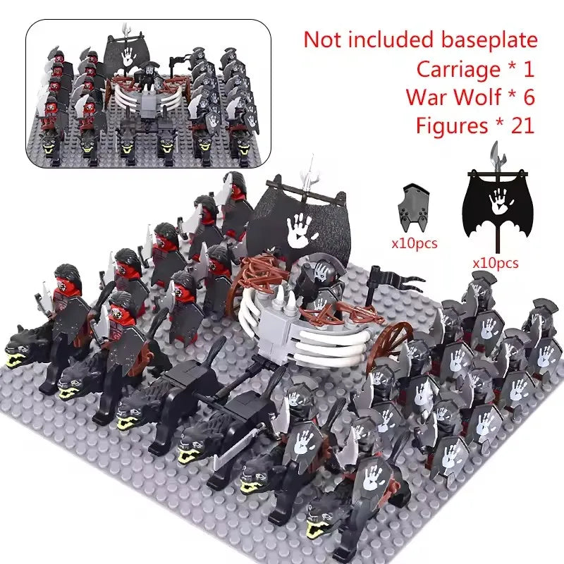 MOC Medieval LOTR Figures — Black Wolves & Mounted Chariots Action Dolls, Assembled Brick Building Blocks Toy