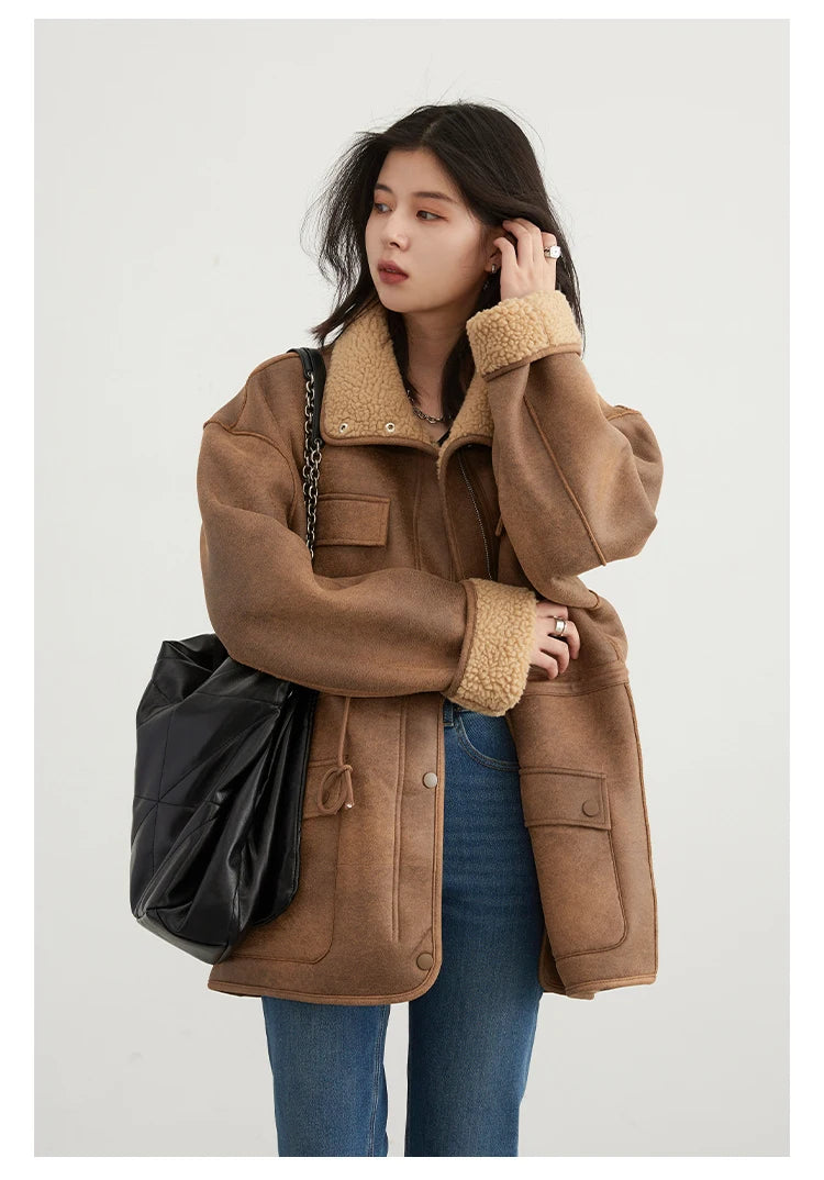 CHIC VEN Women's Reversible Jacket – Thick Suede, Motorcycle Style, Loose Fit Winter & Autumn Outerwear 2023