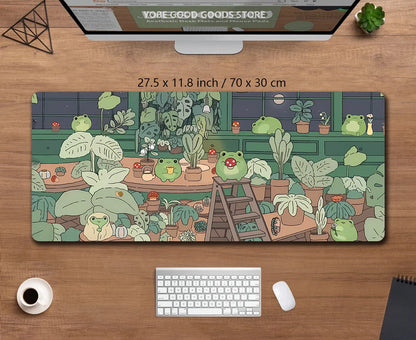 Kawaii Frogs XXL Desk Mat – Cute Anime Aesthetic Gaming Mousepad, Green Nature & Lofi Plant Extended Mouse Pad