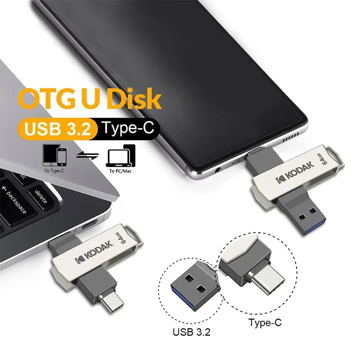 KODAK USB 3.2 Type-C Flash Drive – High-Speed 32GB/128GB/256GB Dual Memory Stick for Smartphone & Laptop