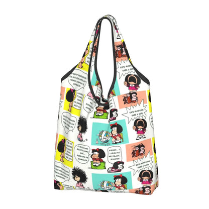 Anime Mafalda Cartoon Grocery Tote Bag – Large Capacity Fashion Shopper Shoulder Handbag, Portable Kawaii Canvas Bag for Everyday Use